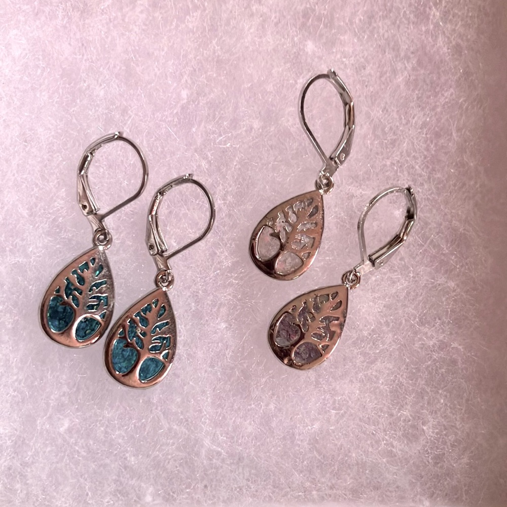 NWT 2 Pair Teardrop Tree of Life Earrings Blue Silver Plated Dangle Wire Pierced